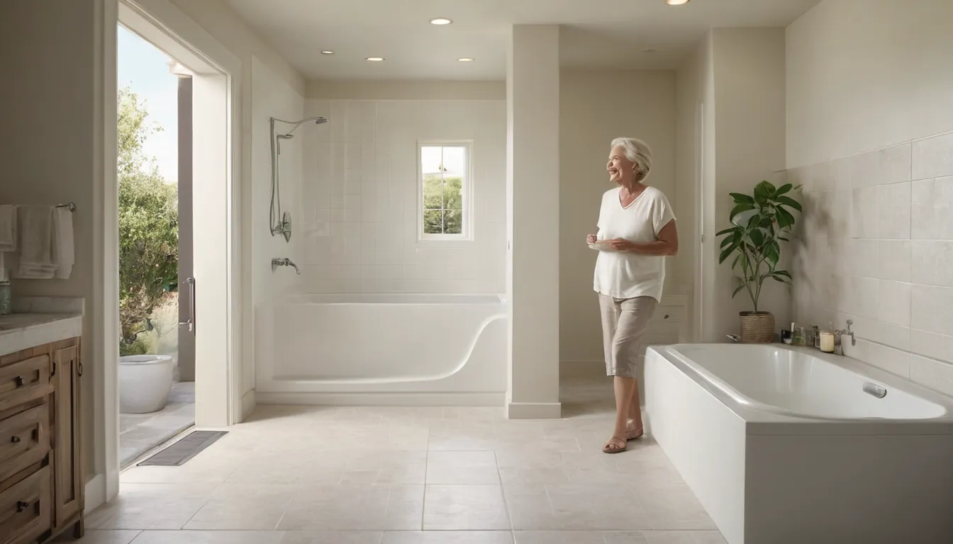 Senior homeowner sitting on the built-in seat of a walk-in tub in a bright bathroom in the Saratoga area